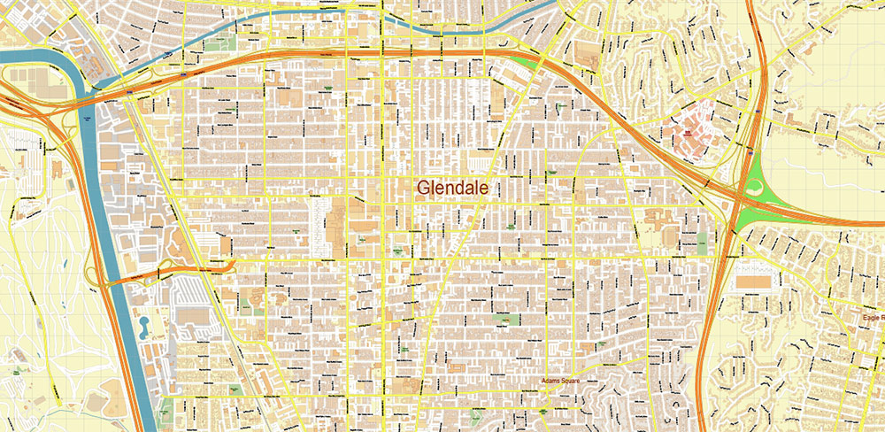 Glendale California US Map Vector City Plan High Detailed Street Map editable Adobe Illustrator in layers