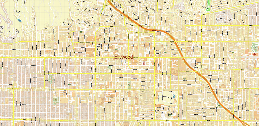 Hollywood California US PDF Vector Map: City Plan High Detailed Street Map editable Adobe PDF in layers