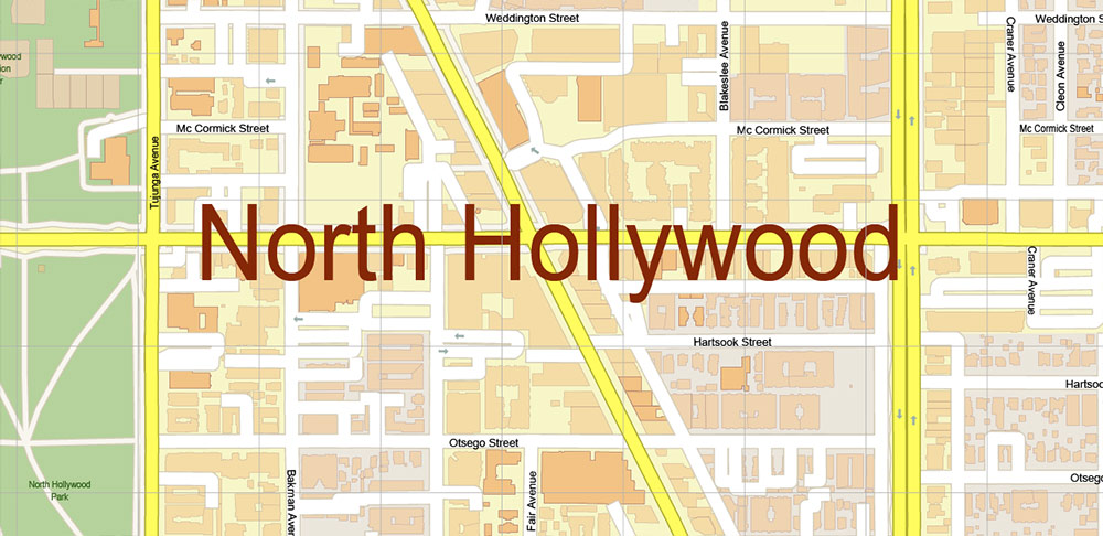 North Hollywood + Burbank California US PDF Vector Map: City Plan High Detailed Street Map editable Adobe PDF in layers