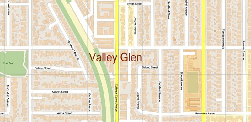 North Hollywood California US Map Vector City Plan High Detailed Street Map editable Adobe Illustrator in layers