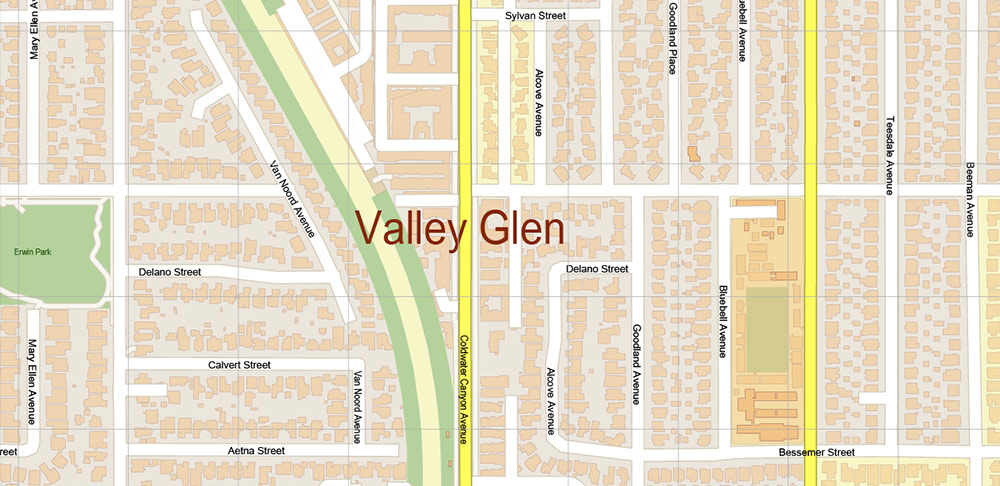 North Hollywood + Burbank California US PDF Vector Map: City Plan High Detailed Street Map editable Adobe PDF in layers