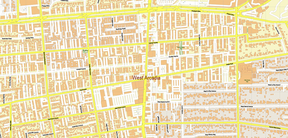 Pasadena California US PDF Vector Map: City Plan High Detailed Street Map editable Adobe PDF in layers