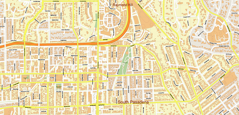 Pasadena California US PDF Vector Map: City Plan High Detailed Street Map editable Adobe PDF in layers