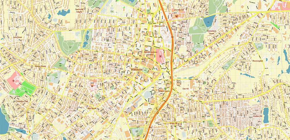 Worcester Massachusetts US PDF Vector Map: High Detailed Street Map editable Adobe PDF in layers