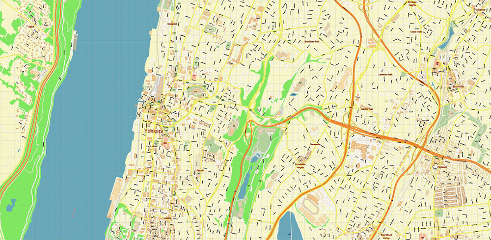 Yonkers New York US PDF Vector Map: High Detailed Street Map editable Adobe PDF in layers