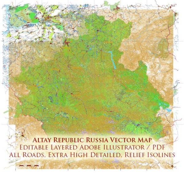 Altay Republic Russia complete relief topo Map Vector Extra High Detailed Road Map + Admin areas editable Adobe Illustrator in layers (ENG)