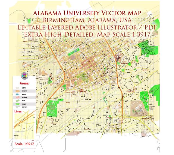 Birmingham University Alabama US Map Vector Extra High Detailed Street Map editable Adobe Illustrator in layers