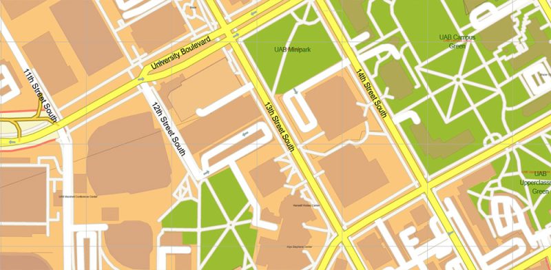 Birmingham University Alabama US Map Vector Extra High Detailed Street Map editable Adobe Illustrator in layers