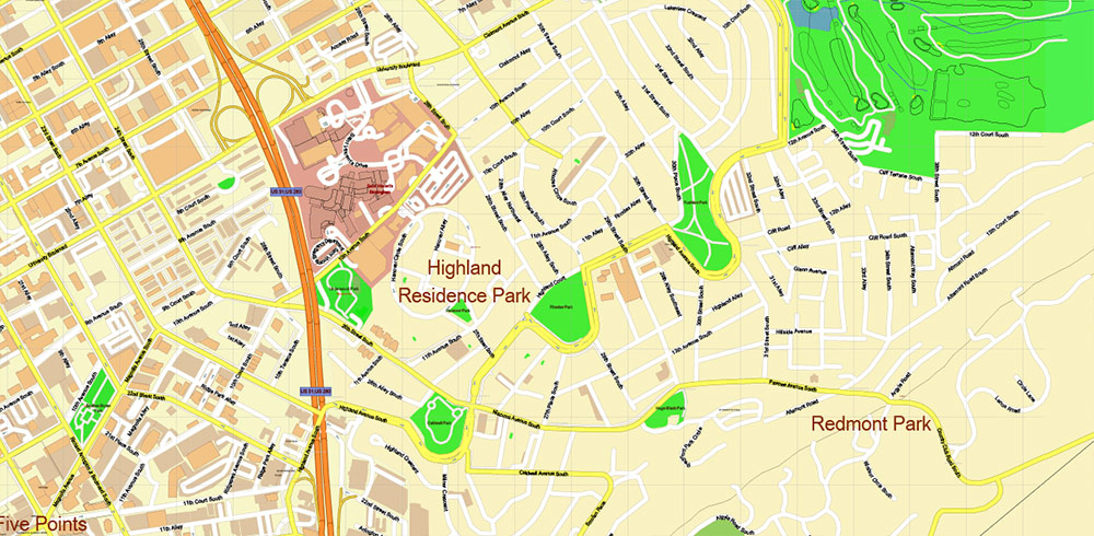 Birmingham University Alabama US Map Vector Extra High Detailed Street Map editable Adobe Illustrator in layers