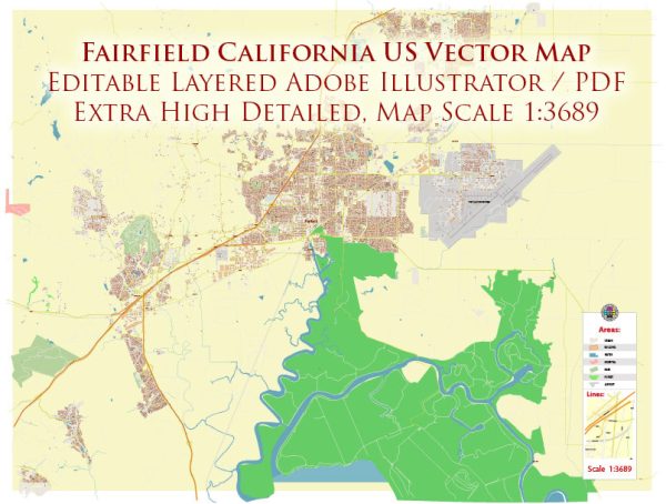 Fairfield California US Map Vector Extra High Detailed Street Map editable Adobe Illustrator in layers