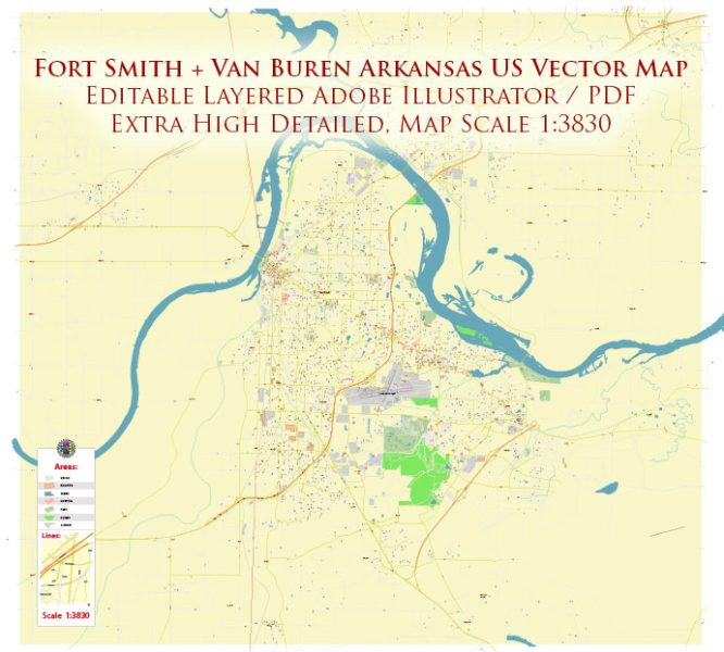 Fort Smith + Van Buren Arkansas US Map Vector Extra High Detailed Road