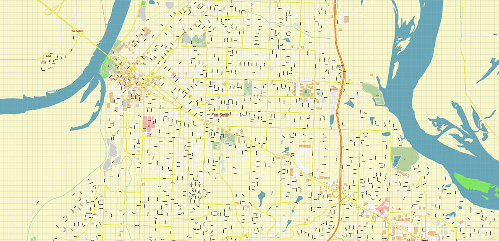 Fort Smith + Van Buren Arkansas US PDF Vector Map: Extra High Detailed Road Map editable Adobe PDF in layers