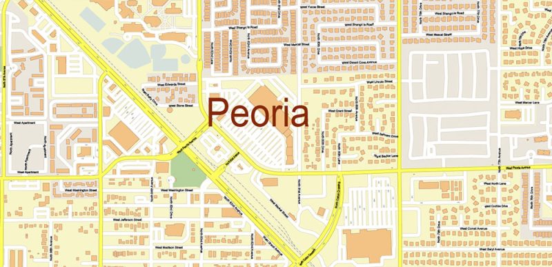 Glendale + Peoria + Surprise Arizona US Map Vector Extra High Detailed Road Map editable Adobe Illustrator in layers