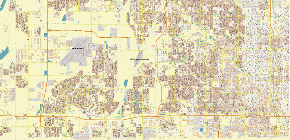 Glendale + Peoria + Surprise Arizona US PDF Vector Map: Extra High Detailed Road Map editable Adobe PDF in layers