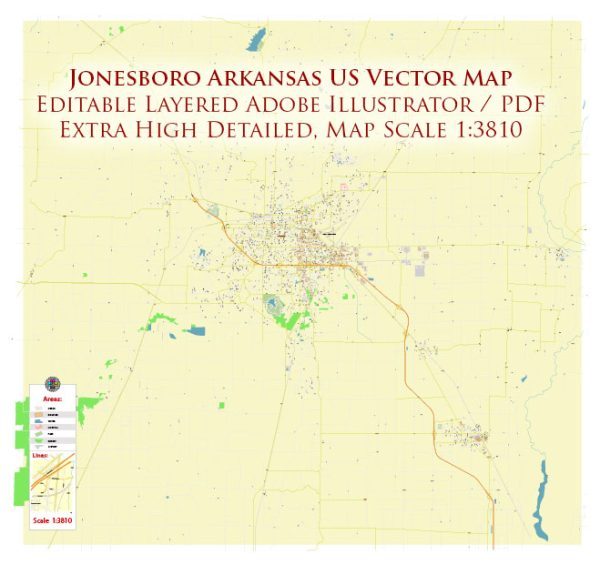 Jonesboro Arkansas US Map Vector Extra High Detailed Road Map editable Adobe Illustrator in layers