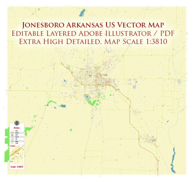 Jonesboro Arkansas US Map Vector Extra High Detailed Road Map editable Adobe Illustrator in