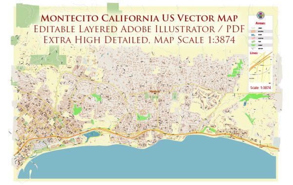 Montecito California US Map Vector Extra High Detailed Street Map editable Adobe Illustrator in layers