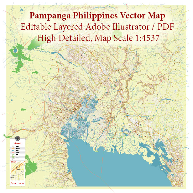 Pampanga Philippines PDF Vector Map: Extra High Detailed Road Map editable Adobe PDF in layers