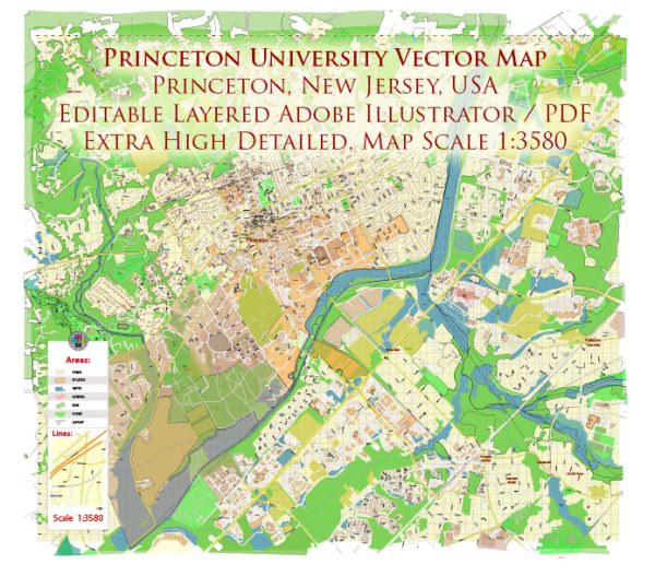 Princeton University New Jersey US Map Vector Extra High Detailed Street Map editable Adobe Illustrator in layers