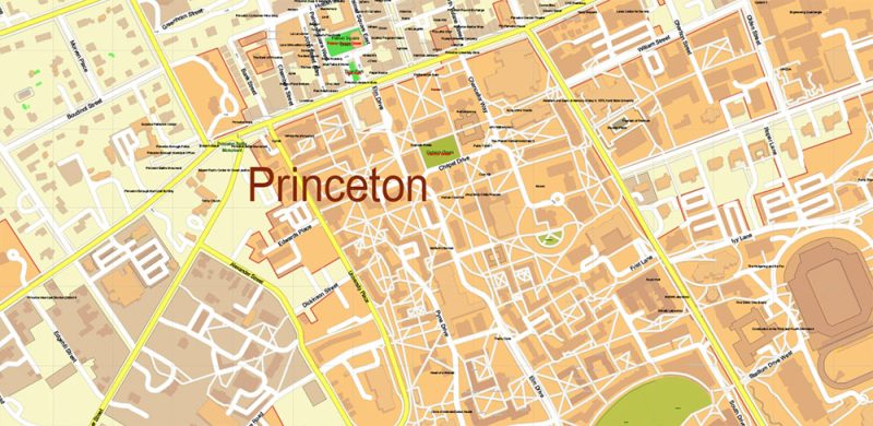 Princeton University New Jersey US Map Vector Extra High Detailed Street Map editable Adobe Illustrator in layers