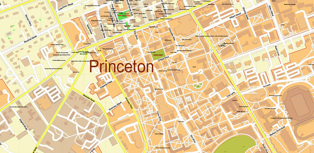 Princeton University New Jersey US PDF Vector Map: Extra High Detailed Street Map editable Adobe PDF in layers