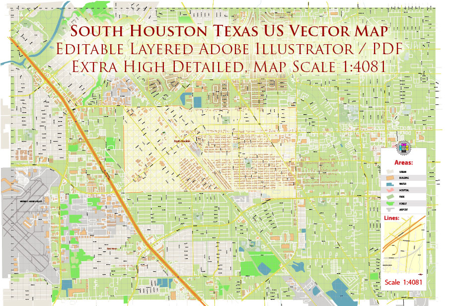 South Houston Texas US Map Vector Extra High Detailed Street Map editable Adobe Illustrator in layers