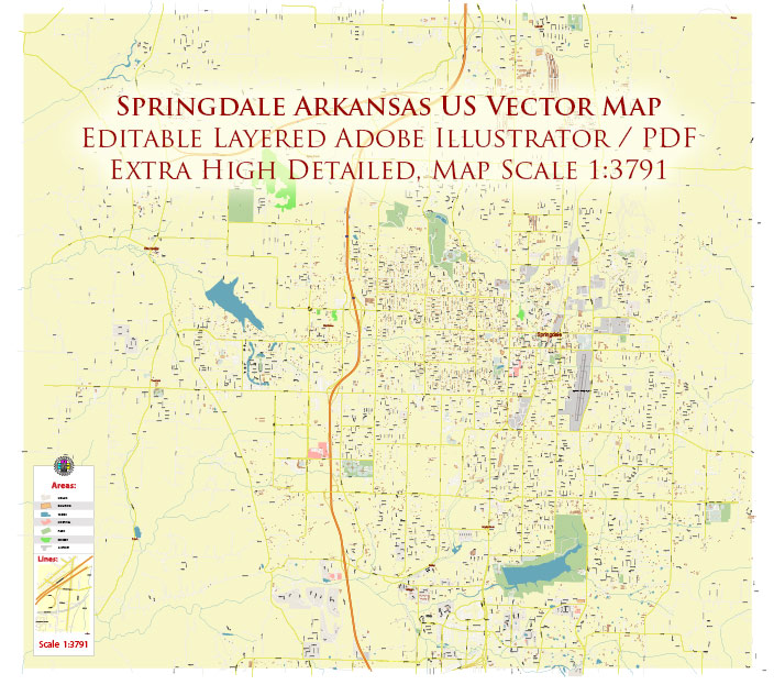 Springdale Arkansas US Map Vector Extra High Detailed Street Map editable Adobe Illustrator in layers