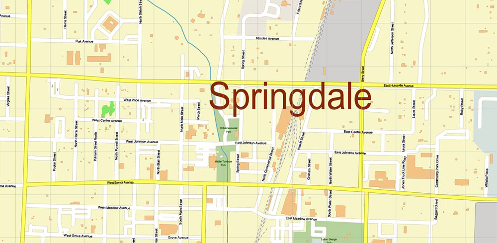 Springdale Arkansas US PDF Vector Map: Extra High Detailed Street Map editable Adobe PDF in layers