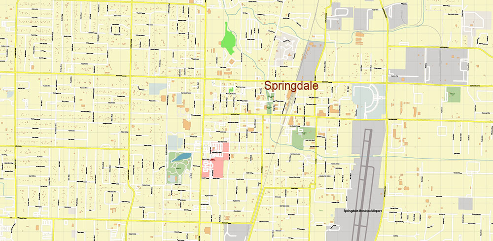 Springdale Arkansas US PDF Vector Map: Extra High Detailed Street Map editable Adobe PDF in layers