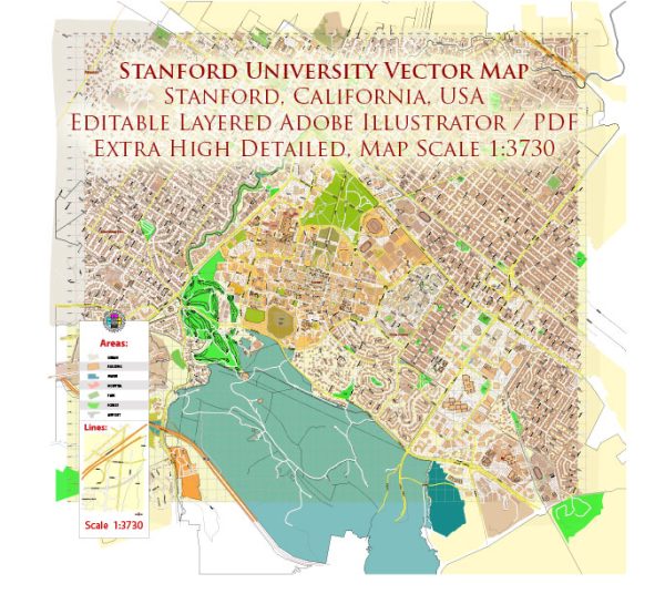 Stanford University California US Map Vector Extra High Detailed Street Map editable Adobe Illustrator in layers