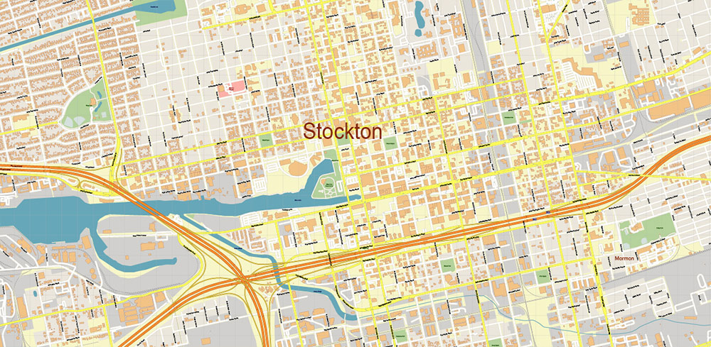Stockton California US PDF Vector Map: Extra High Detailed Street Map editable Adobe PDF in layers