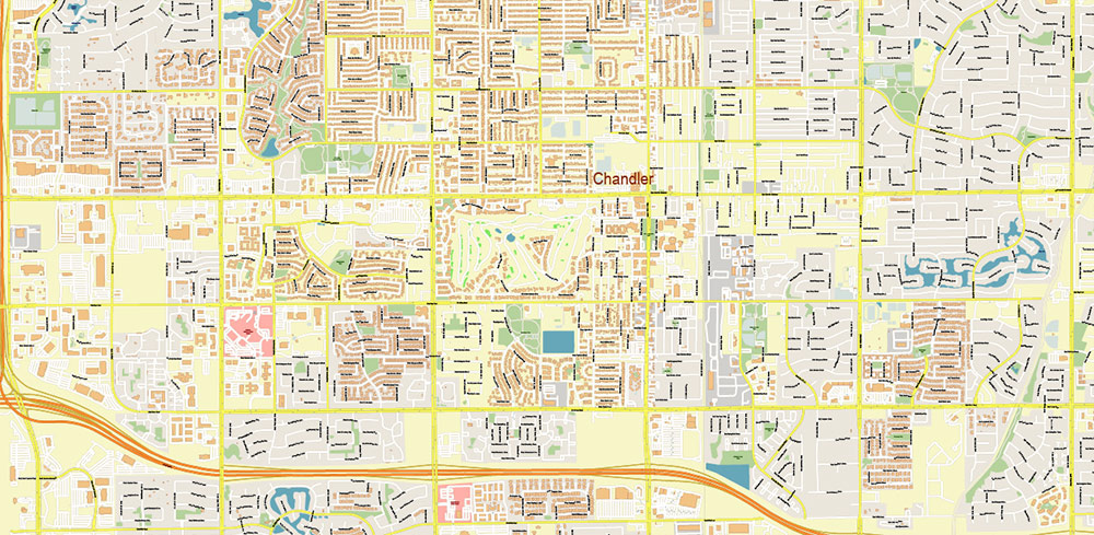 Mesa + Gilbert + Chandler + Scottsdale + Tempe Arizona US PDF Vector Map: Extra High Detailed Road Map editable Adobe PDF in layers
