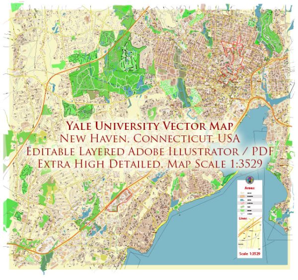 Yale University Connecticut US Map Vector Extra High Detailed Street Map editable Adobe Illustrator in layers