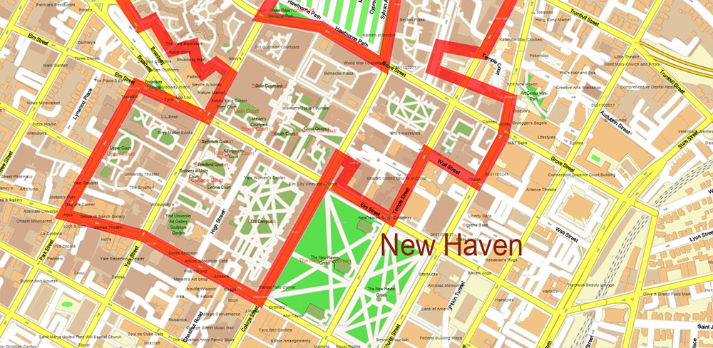 Yale University Connecticut US PDF Vector Map: Extra High Detailed Street Map editable Adobe PDF in layers