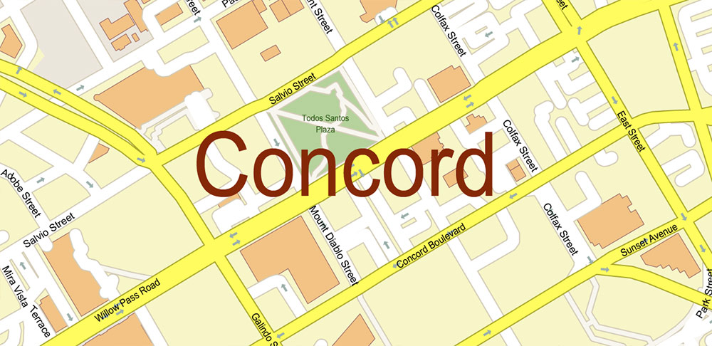 Concord California US Map Vector Extra High Detailed Street Map editable Adobe Illustrator in layers
