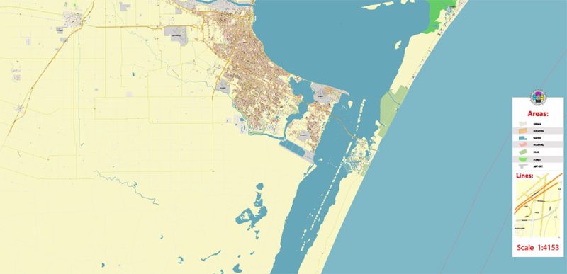 Corpus Christi Texas US Map Vector Extra High Detailed Street Map editable Adobe Illustrator in layers