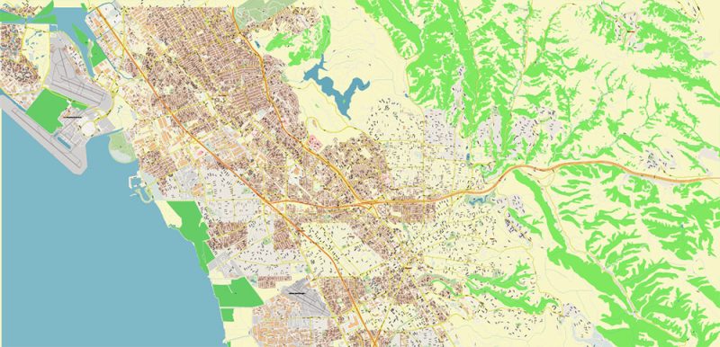 Hayward California US Map Vector Extra High Detailed Street Map editable Adobe Illustrator in layers