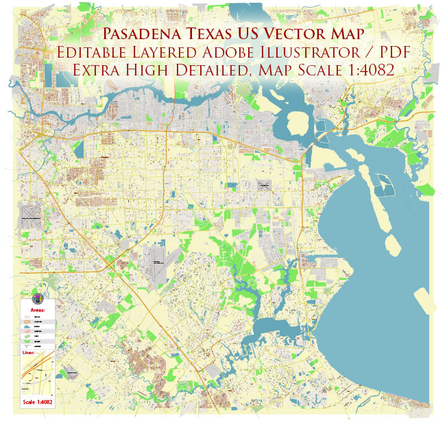 Pasadena Texas US Map Vector Extra High Detailed Street Map editable Adobe Illustrator in layers