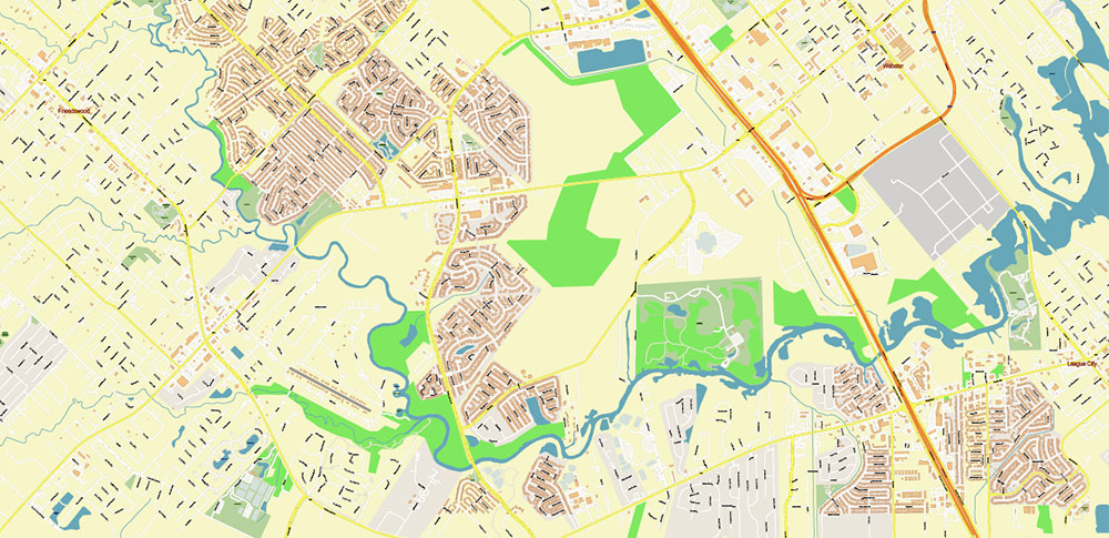 Pasadena Texas US PDF Vector Map: Extra High Detailed Street Map editable Adobe PDF in layers