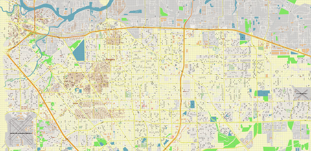 Pasadena Texas US PDF Vector Map: Extra High Detailed Street Map editable Adobe PDF in layers