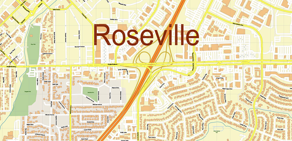 Roseville California US PDF Vector Map: Extra High Detailed Street Map editable Adobe PDF in layers