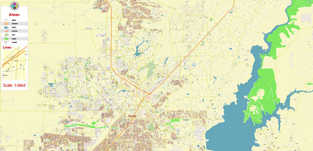 Roseville California US PDF Vector Map: Extra High Detailed Street Map editable Adobe PDF in layers