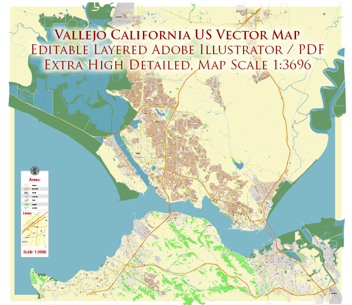 Vallejo California US Map Vector Extra High Detailed Street Map editable Adobe Illustrator in layers