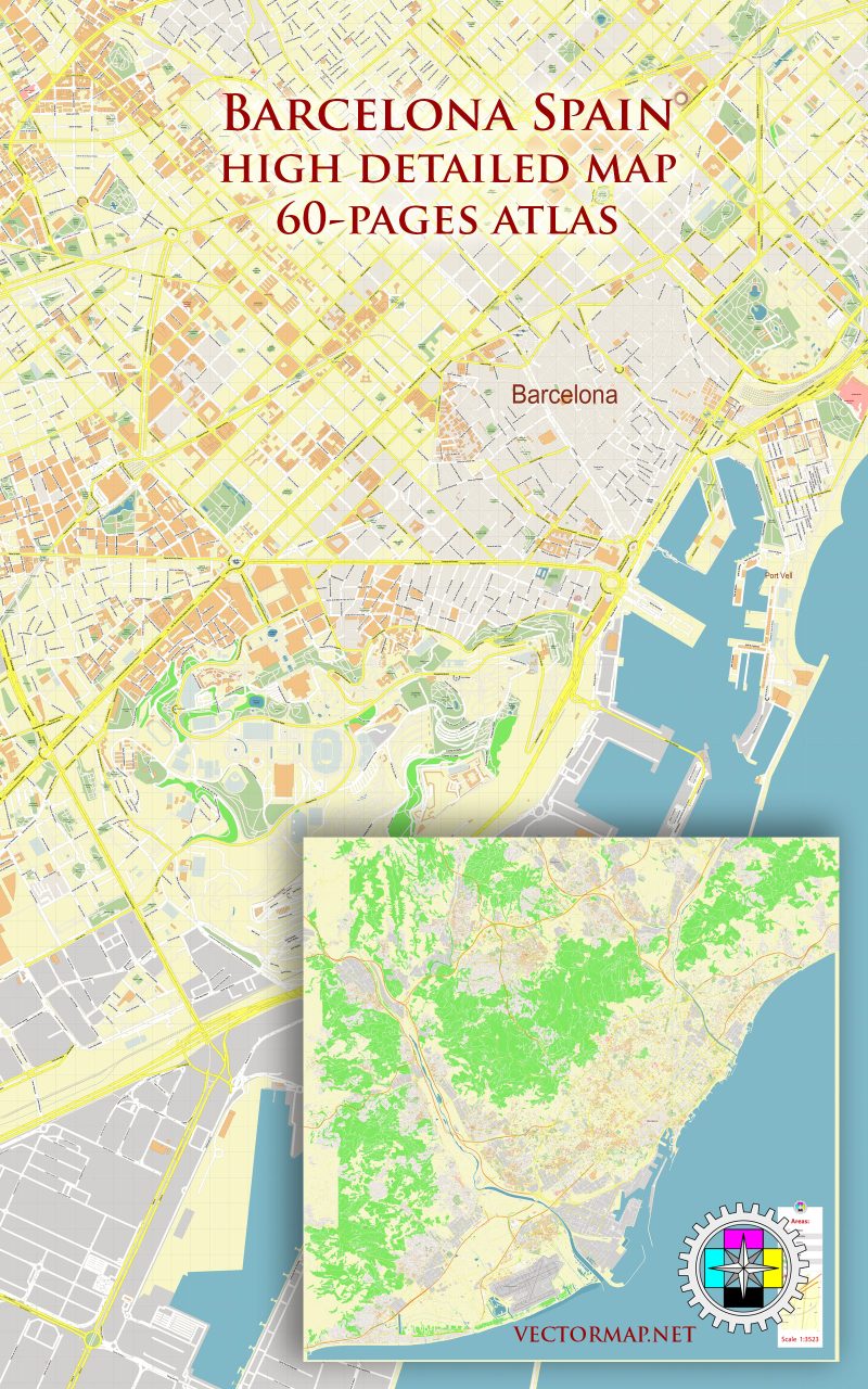 Barcelona Spain Tourist Map multi-page atlas, contains 60 pages vector PDF