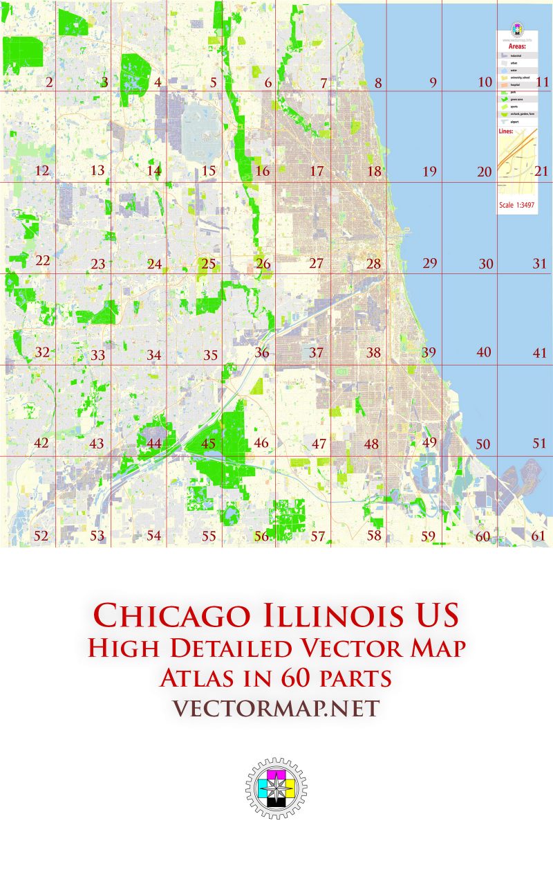 Chicago Illinois US Tourist Map multi-page atlas, contains 60 pages vector PDF