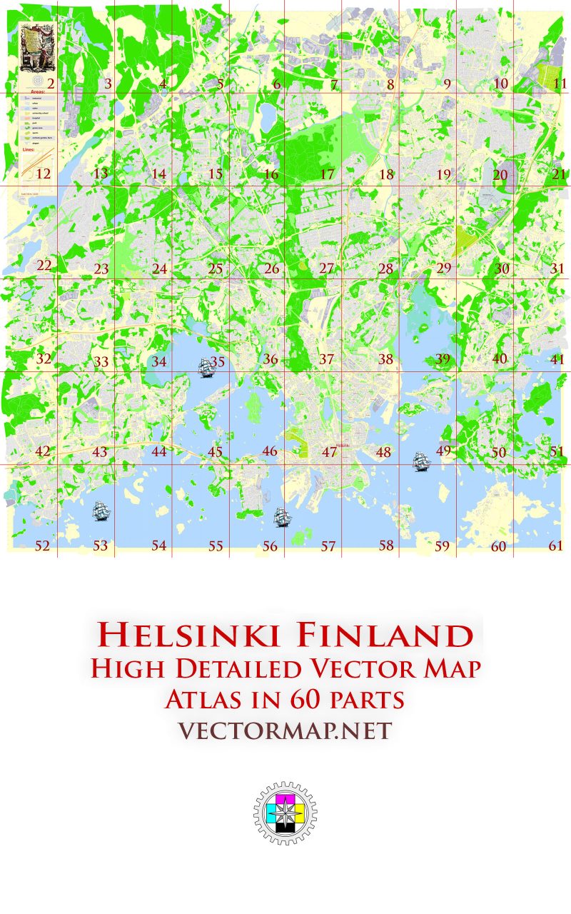 Helsinki Finland Tourist Map multi-page atlas, contains 60 pages vector PDF