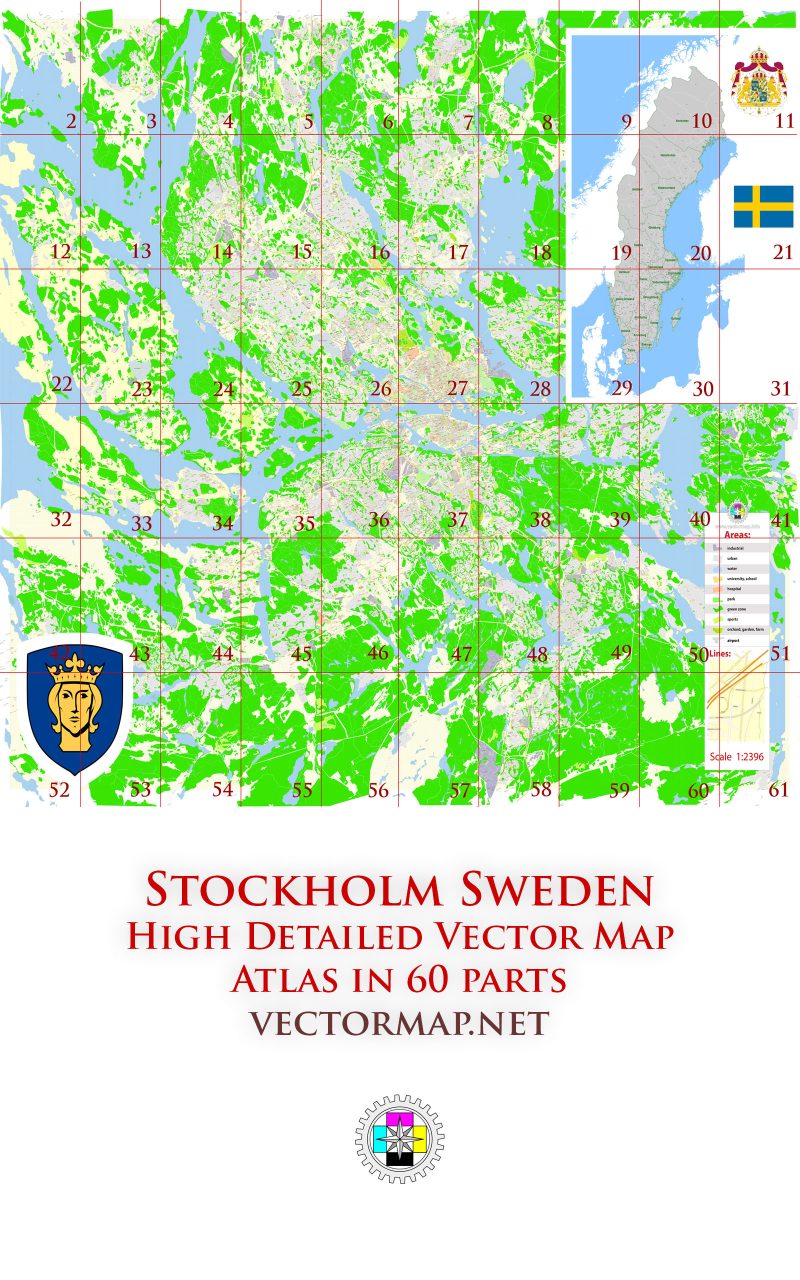 Stockholm Sweden Tourist Map multi-page atlas, contains 60 pages vector PDF