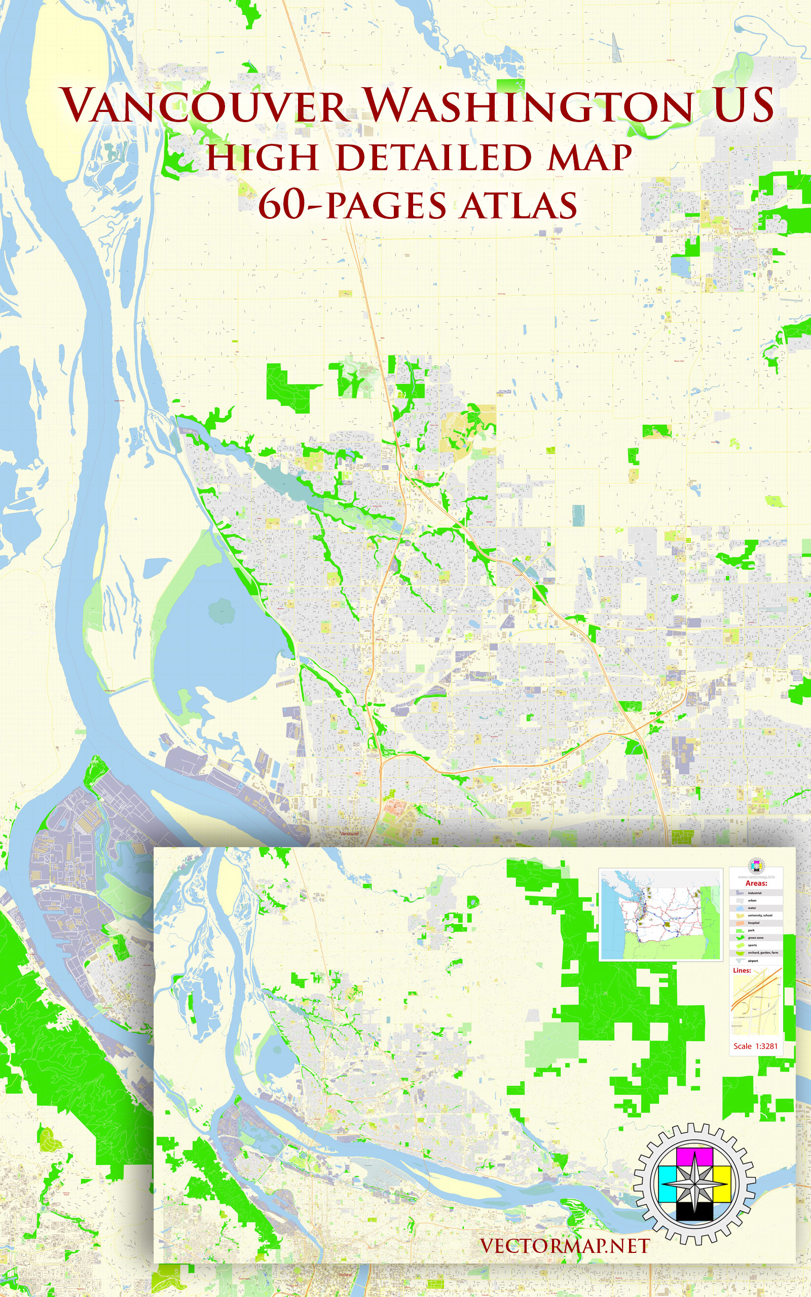 Vancouver Washington US Tourist Map multi-page atlas, contains 60 pages vector PDF