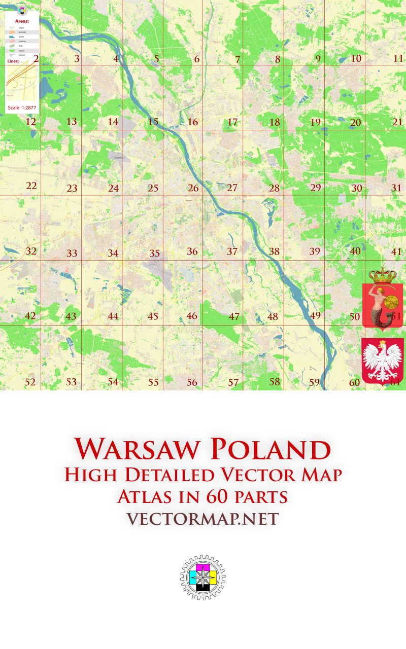 Warsaw Poland Tourist Map multi-page atlas, contains 60 pages vector PDF