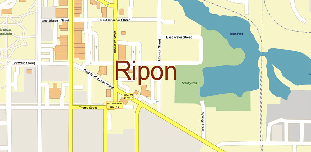 Green Lake - Ripon Wisconsin US Map Vector Extra High Detailed Street Map editable Adobe Illustrator + PDF + CDR + SVG